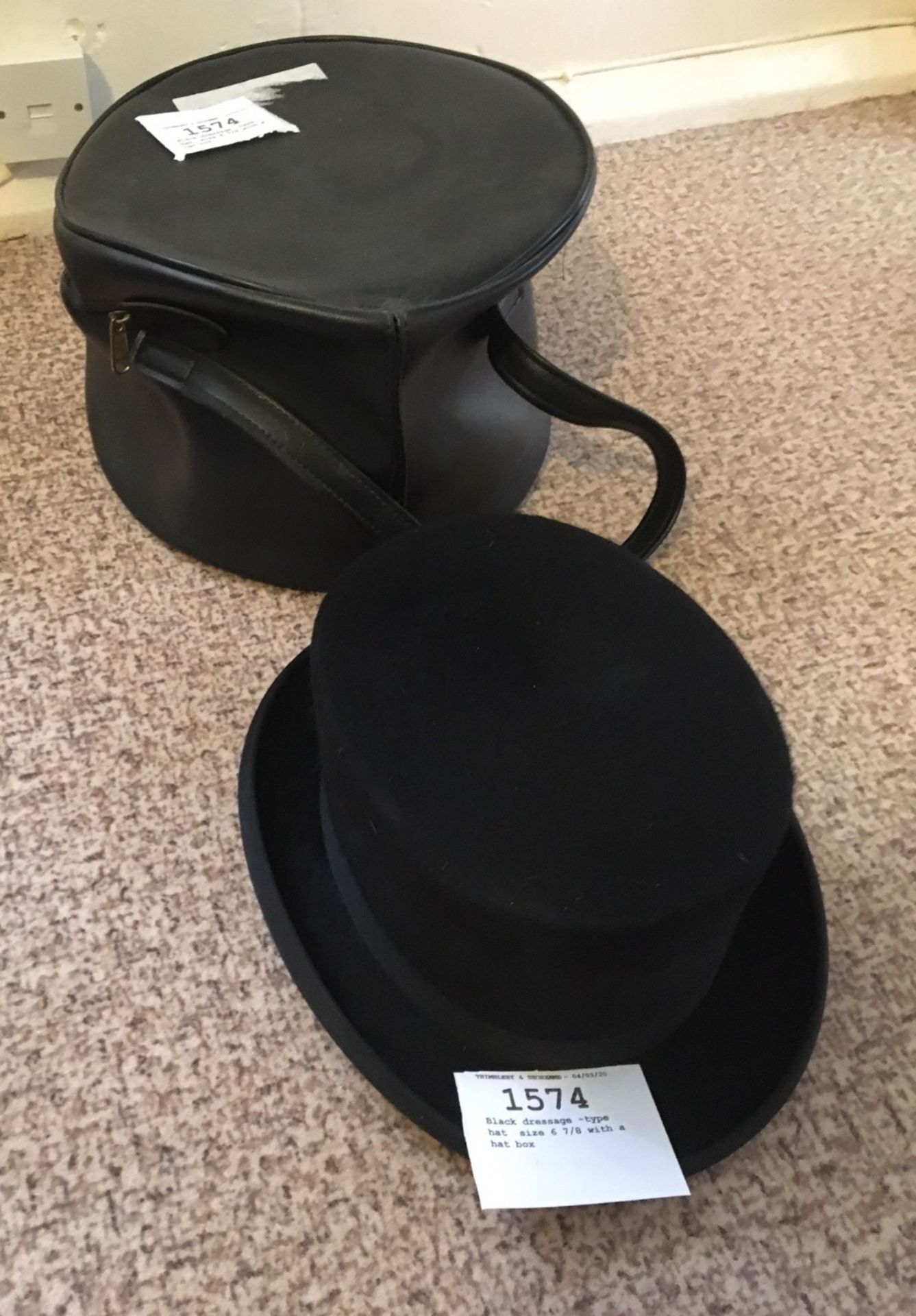 Black dressage -type hat, size 6 7/8 with a hat box