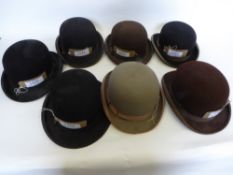 Seven bowler hats - 2 x brown, 1 x grey and 4 x black