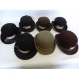 Seven bowler hats - 2 x brown, 1 x grey and 4 x black