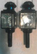 Pair of square fronted carriage lamps by Mills of Paddington with screw-in stems; in show