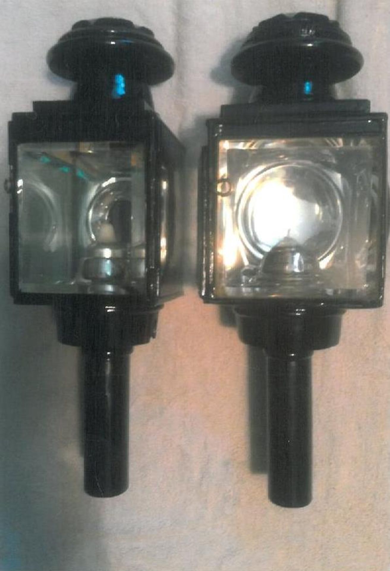 Pair of square fronted carriage lamps by Mills of Paddington with screw-in stems; in show