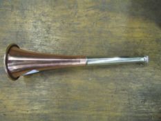 Copper and nickel hunt horn, 9ins long in good condition (view in security pen)