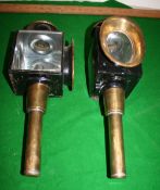 Pair of brass carriage lamps with oval fronts (view in security pen)