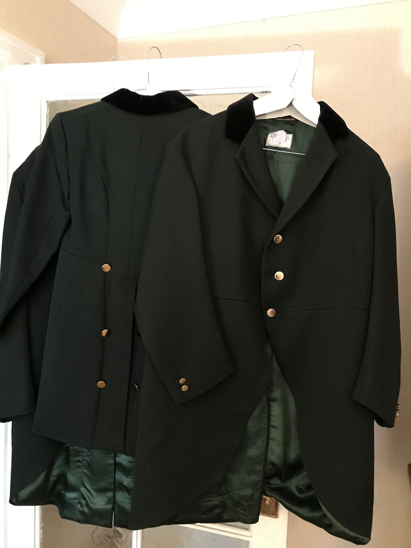 Three good quality green livery tail coats with brass buttons by Tom Brown of Eton, size 10-12, - Image 4 of 4