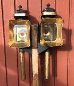 Pair of black/brass carriage lamps with shaped square fronts and pie crust tops