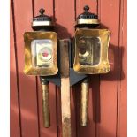 Pair of black/brass carriage lamps with shaped square fronts and pie crust tops
