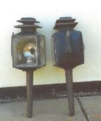 Pair of carriage lamps with pagoda tops by Cockshoot & Co., Manchester