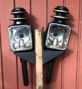 Pair of black/whitemetal square fronted carriage lamps with pagoda tops