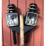 Pair of black/whitemetal square fronted carriage lamps with pagoda tops