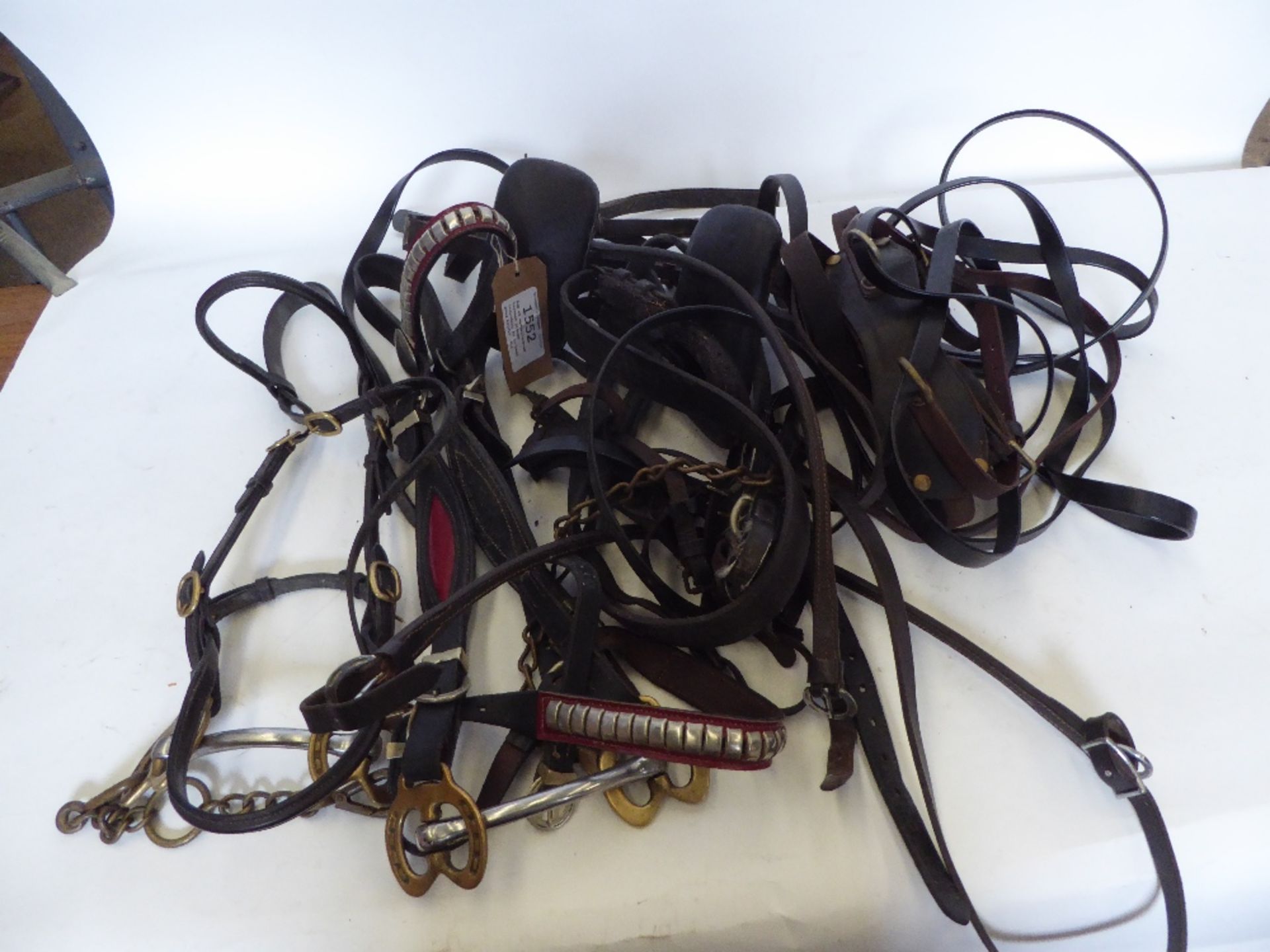 Box of miscellaneous harness pieces including an in-hand pony bridle, etc