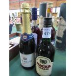 4 bottles in total, 100cl bottle of Campari, Oliver Cromwell 1599 Sloe Gin, Poly Remy Demi-sec and
