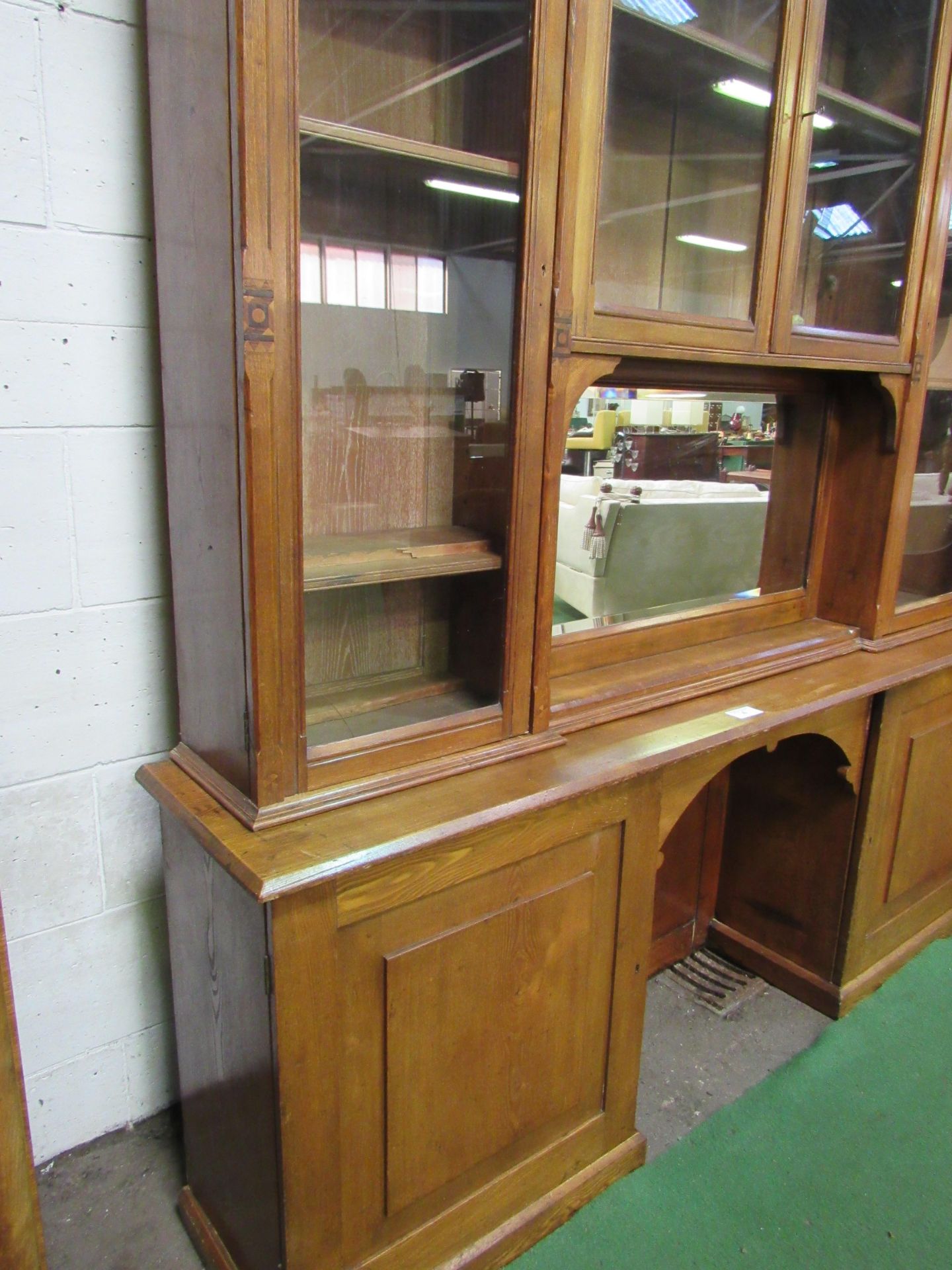 Oak glass top display cabinet with mirror and 2 cupboards to base. 210 x 42 x 236cms. Estimate £50- - Image 6 of 6