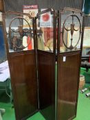 Mahogany Art Nouveau style 3 piece screen, glass to tops, requires attention. 138 x 180cms. Estimate