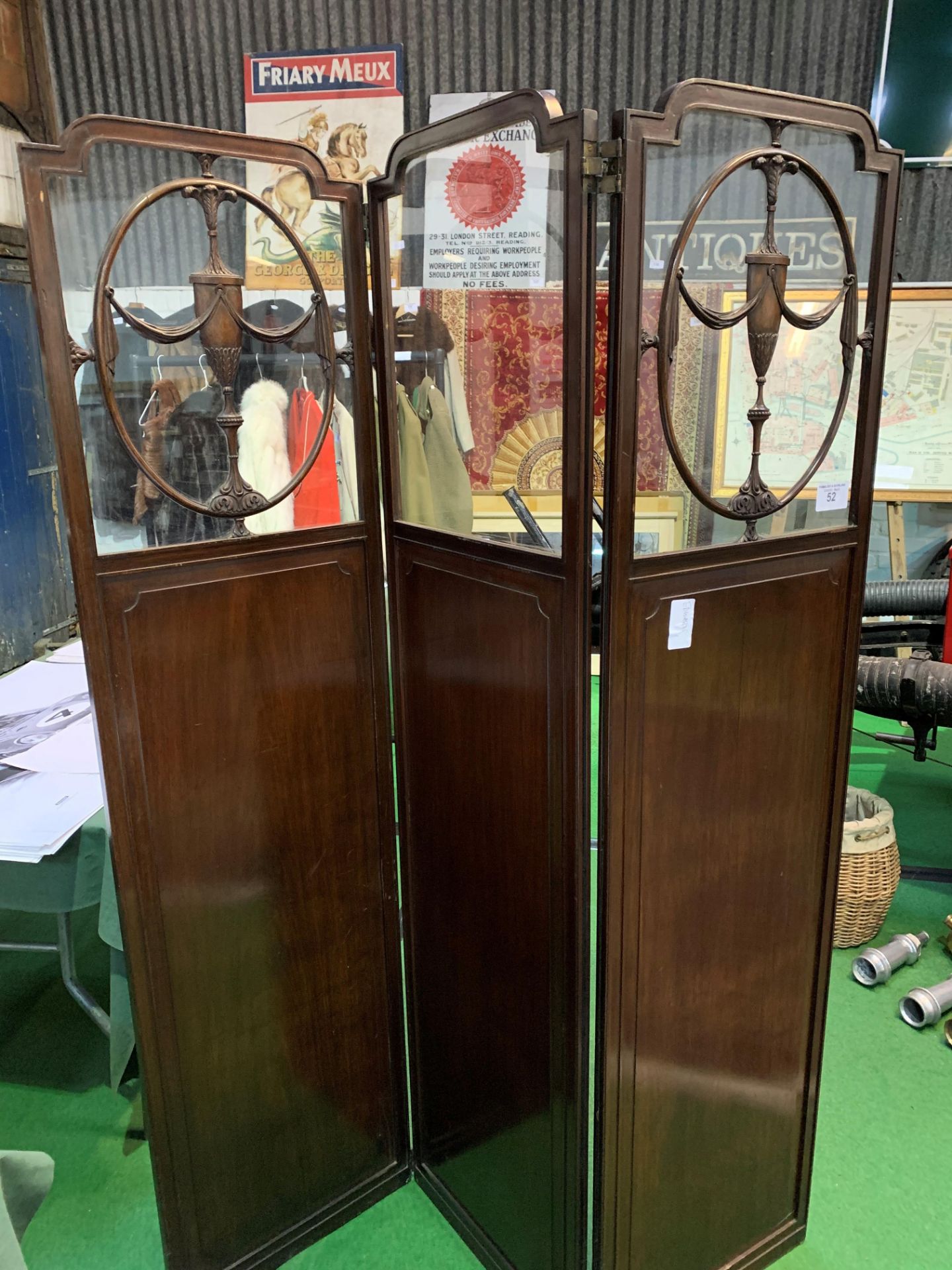 Mahogany Art Nouveau style 3 piece screen, glass to tops, requires attention. 138 x 180cms. Estimate