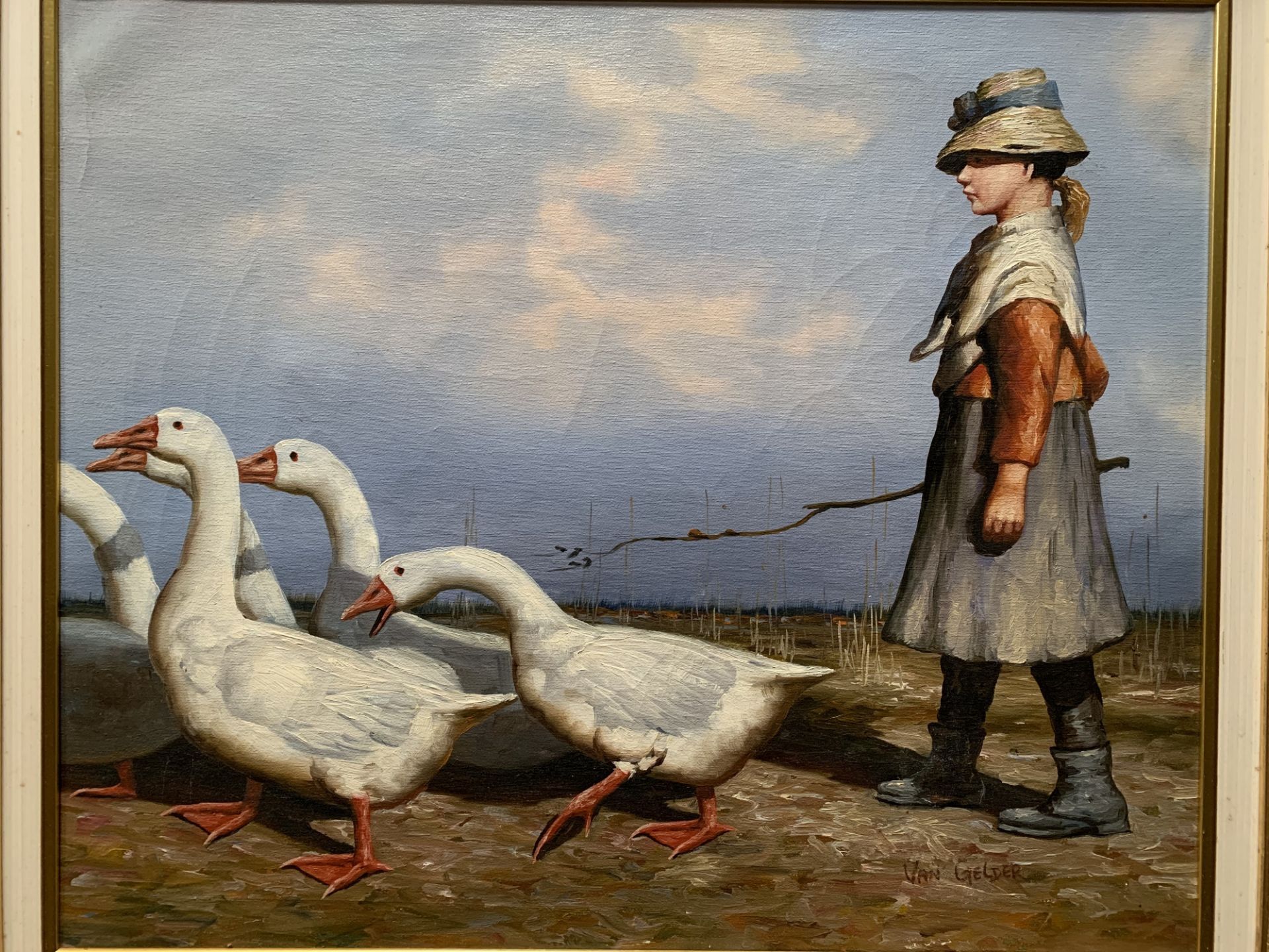 After J Guthrie. Framed oil on canvas of a girl herding geese, signed Van Gelder. 50 x 66cms. - Image 3 of 3