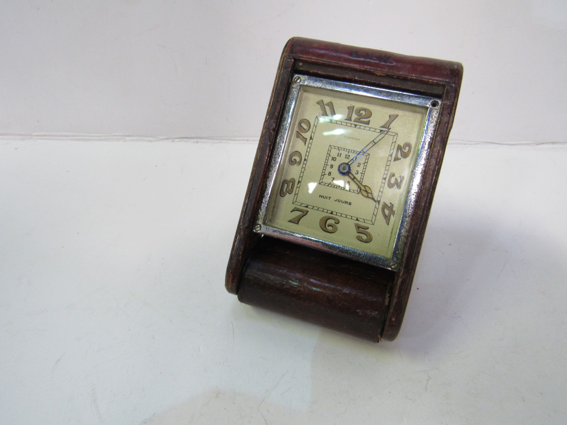 1930's Cartier ""Huit Jours"" travelling alarm clock in leather case. Estimate £100-150. - Image 2 of 3