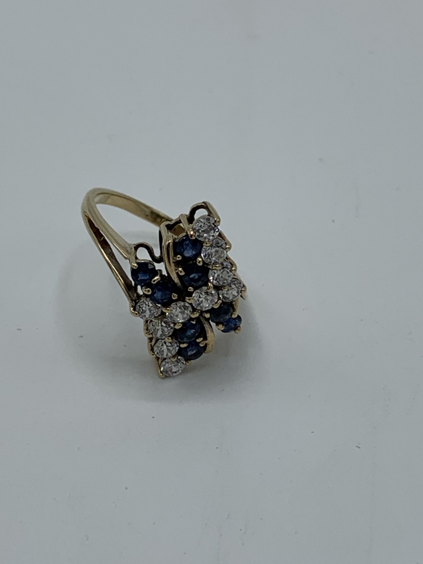 9ct gold ring set with blue and white stones, size P, weight 3.6gms. Estimate £150-180. - Image 2 of 3