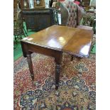 Mahogany Pembroke table on spiral turned legs to casters. 90 x 100 (open) x 70. Estimate £30-50.