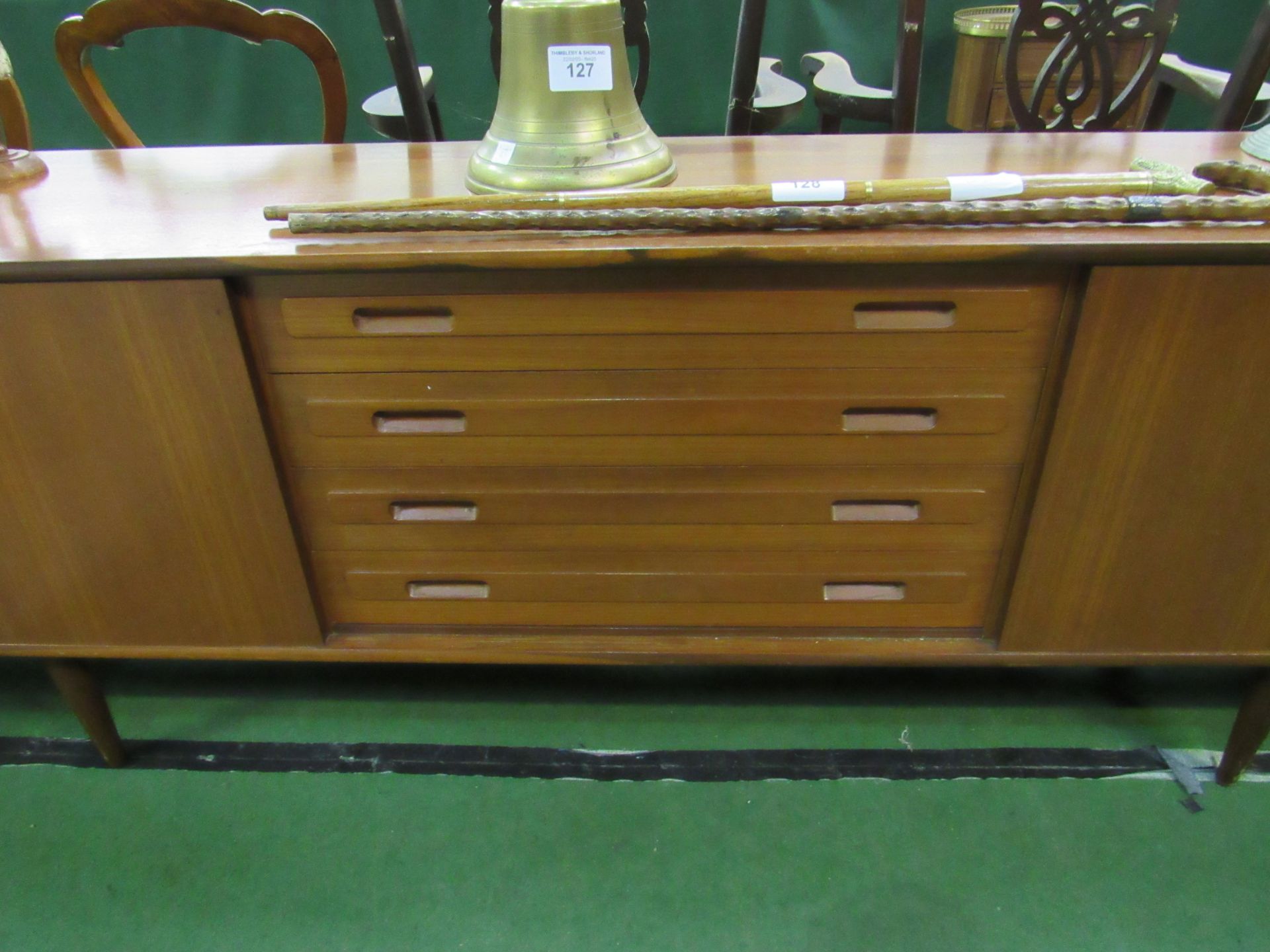 Teak sideboard with 4 centre drawers flanked by cupboards, 222 x 43 x 72cms. Estimate £80-120. - Image 3 of 4