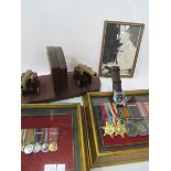 Collection of medals and miniature pair of commemorative bookends and a Oris wristwatch all relating