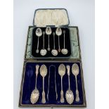 5 decorative silver teaspoons together with matching tongs, Sheffield 1889, in Mappin & Webb case