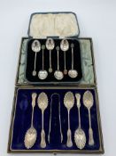 5 decorative silver teaspoons together with matching tongs, Sheffield 1889, in Mappin & Webb case