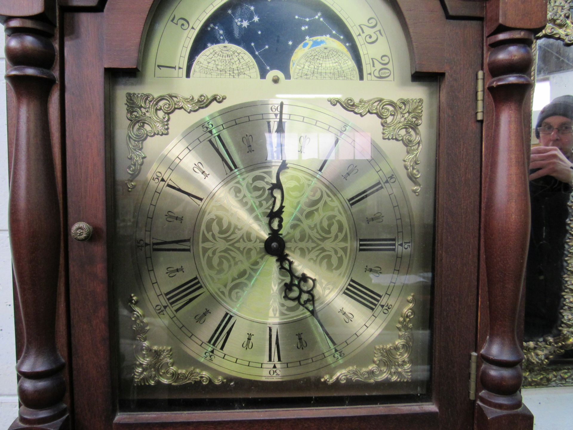 Denclock by Scan Clock Export in Denmark. Moon phase longcase clock with brass face and glass - Image 2 of 2