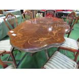 Shaped sided pedestal dining table with decorative inlaid top, 173 x 106 x 82cms. Estimate £10-20