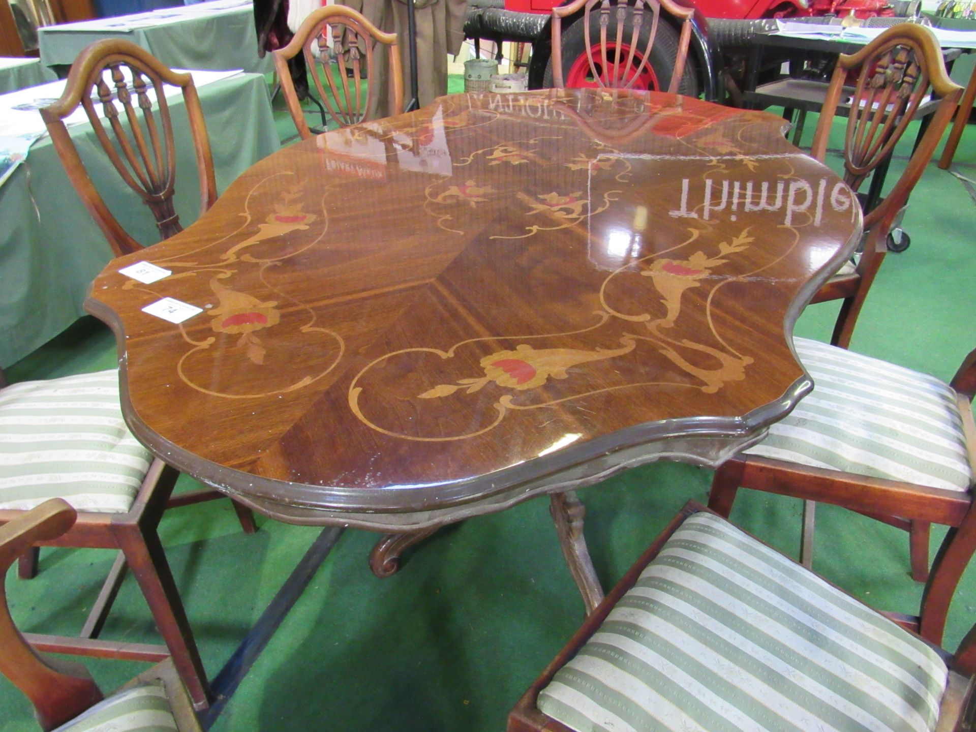 Shaped sided pedestal dining table with decorative inlaid top, 173 x 106 x 82cms. Estimate £10-20