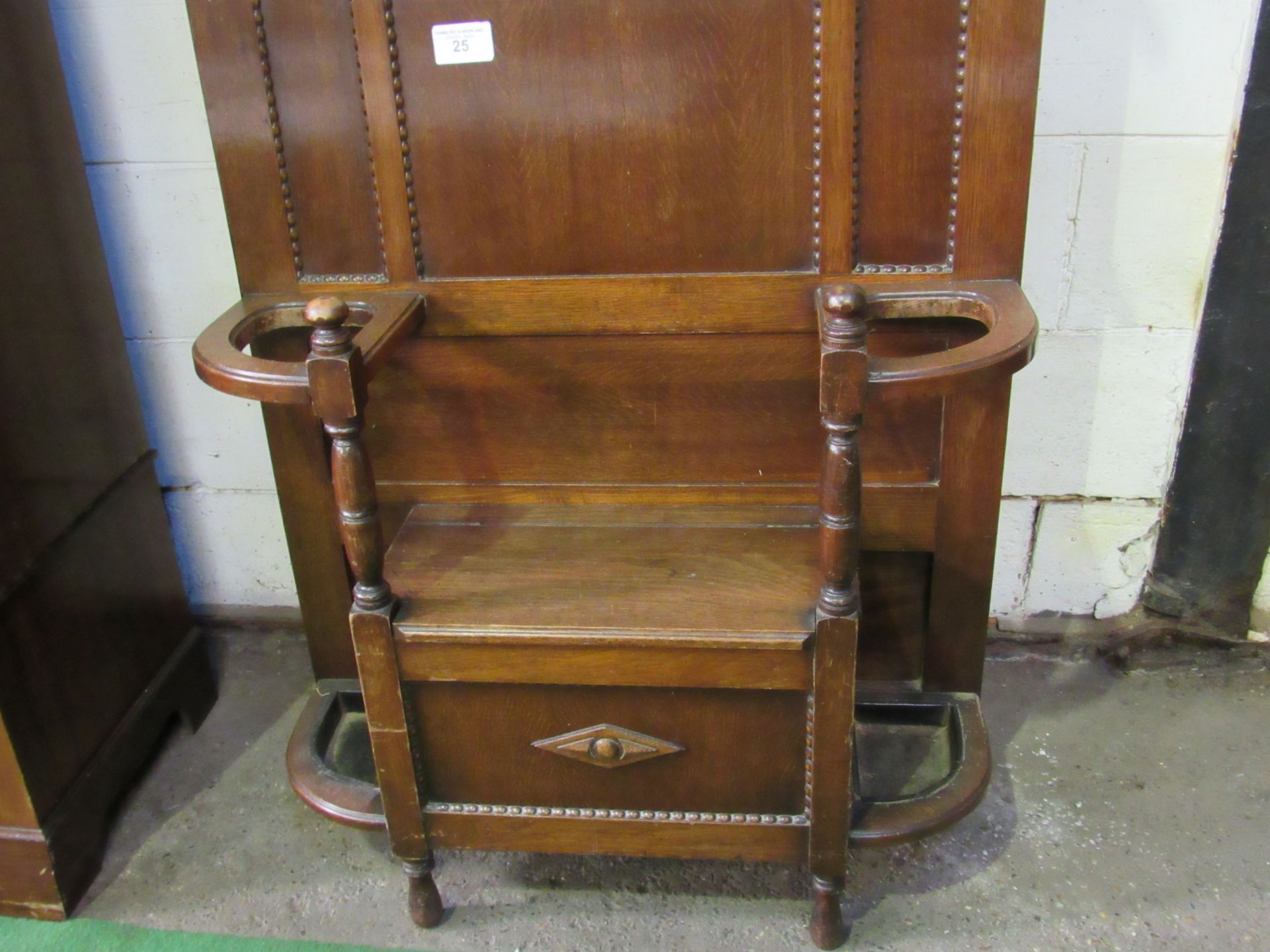 Oak mirror backed hall stand with integral box storage seat. Estimate £20-40. - Image 2 of 3