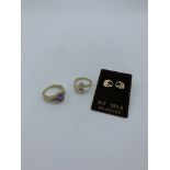 Yellow metal mauve stone ring and another and 9ct gold hallmarked earrings. Estimate £20-30