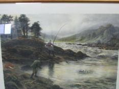 Framed and glazed print of ""Salmon fishing on the Dee"" painted by Joseph Farquharson. Estimate £