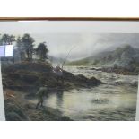 Framed and glazed print of ""Salmon fishing on the Dee"" painted by Joseph Farquharson. Estimate £