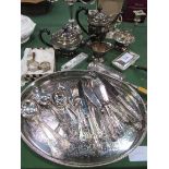 Quantity Slack and Barlow silver plated cutlery, silver plated gallery tray, silver plated tea and