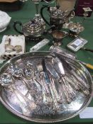 Quantity Slack and Barlow silver plated cutlery, silver plated gallery tray, silver plated tea and