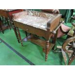 Small marble top and mahogany wash stand with rails to ends, frieze drawer and shelf beneath. 83 x