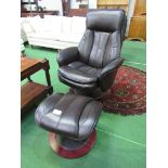 Dark brown leather-effect swivel chair and footstool. Estimate £30-50.