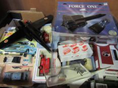 Box of die-cast model airplanes, vehicles etc. Estimate £20-30.