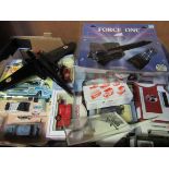 Box of die-cast model airplanes, vehicles etc. Estimate £20-30.