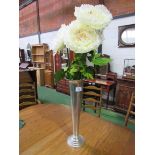 Tall white metal vase complete with 3 artificial peonies. Height 66cms. Estimate £20-30.
