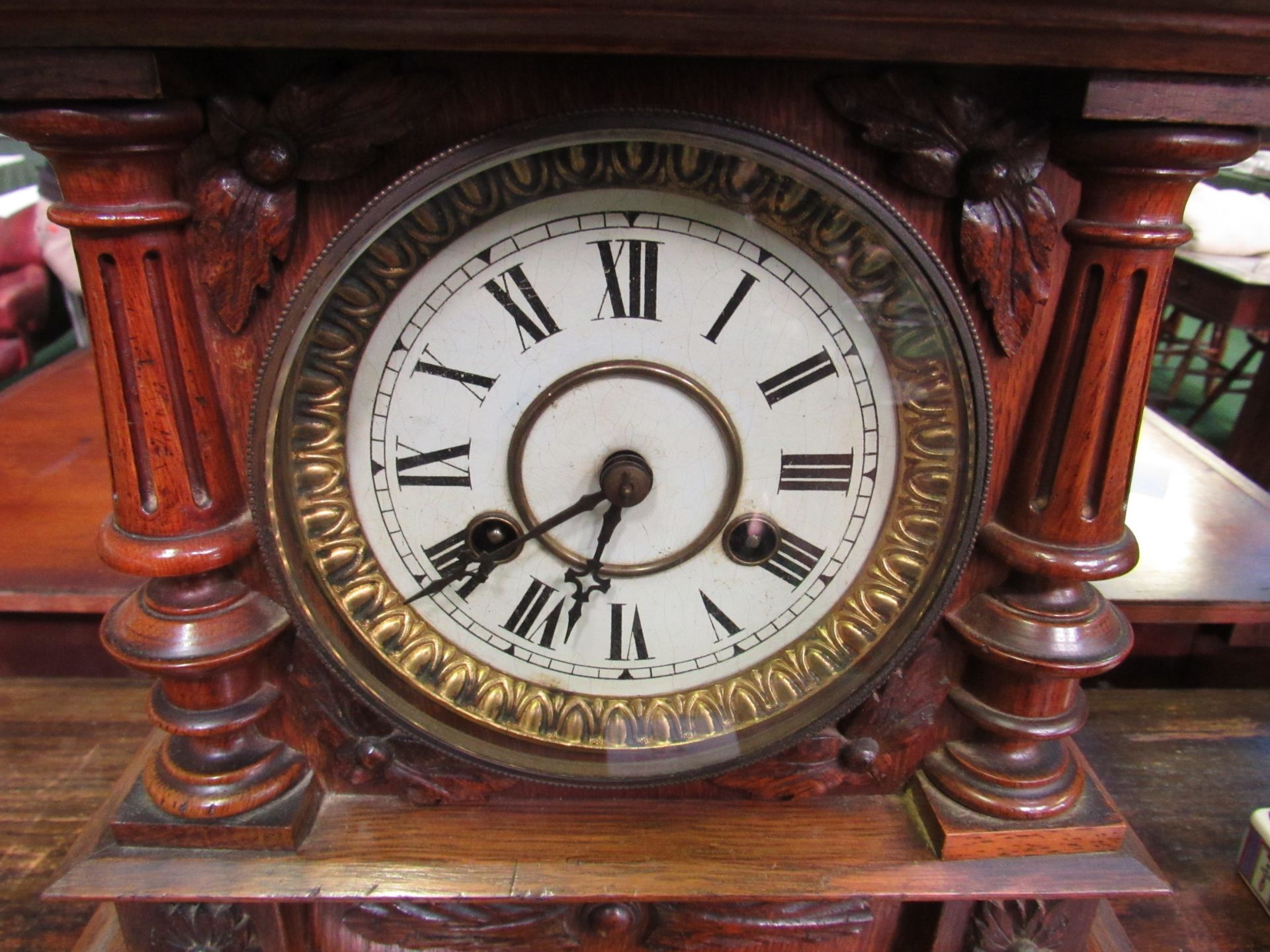 Oak case mantel clock with finial decoration. Height 52cms Estimate £40-60. - Image 2 of 3