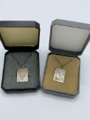Hallmarked silver darts pendant and chain and similar fishing pendant and chain. Estimate £20-30.