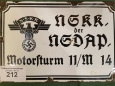 Very rare 1930's German Nazi enamel sign, ""NSKK der NSDAP"". Estimate £100-150.