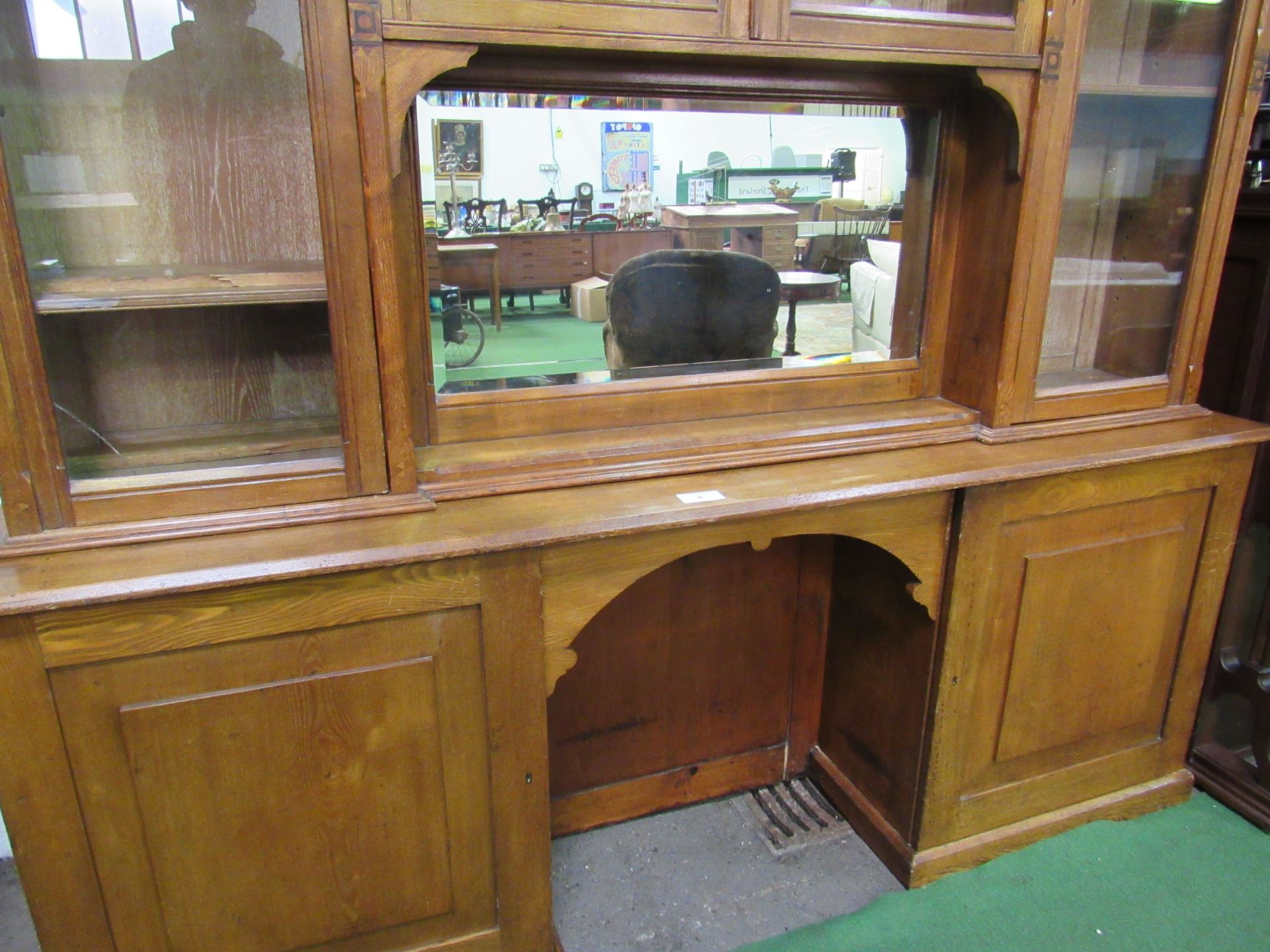 Oak glass top display cabinet with mirror and 2 cupboards to base. 210 x 42 x 236cms. Estimate £50- - Image 5 of 6