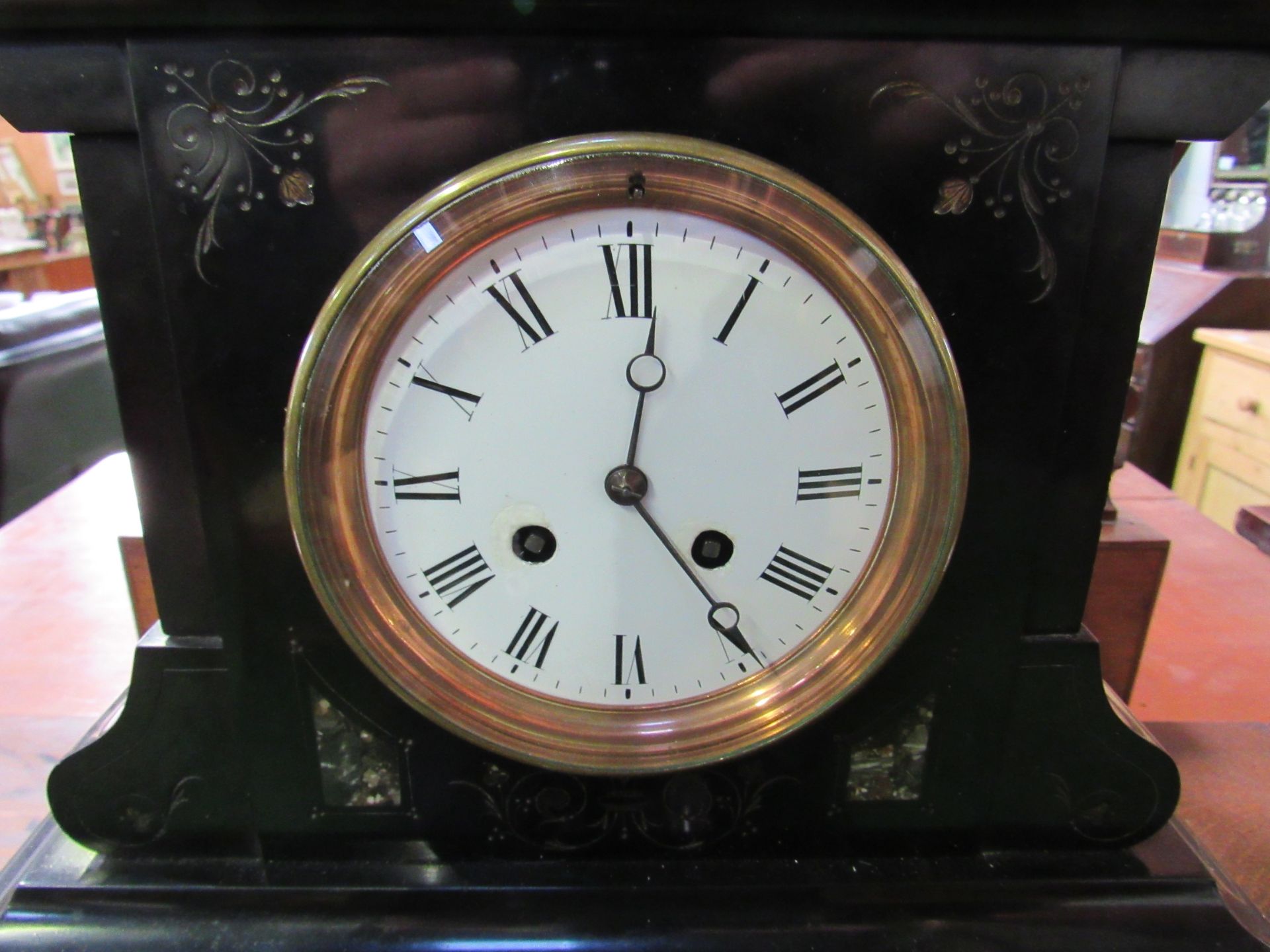 Polished slate mantel clock with marble inserts. 2 drum movement. Going order. Estimate £40-50. - Image 3 of 3