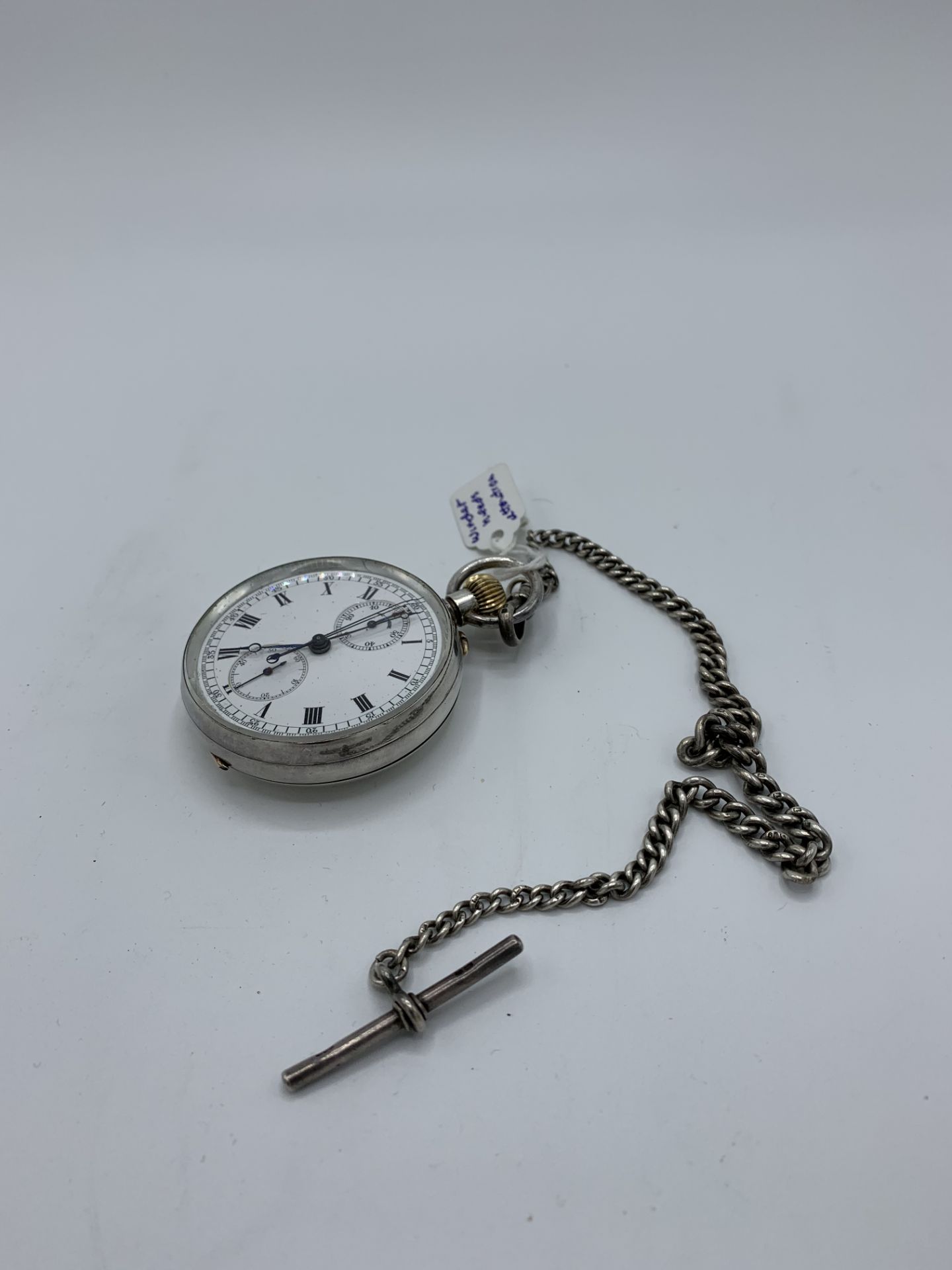 935 silver cased pocket watch complete with silver hallmarked watch chain, seconds and stop watch