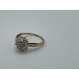 9ct gold diamond cluster ring, size O, weight 2.3gms. Estimate £60-80.