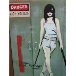 Block framed oil on canvas ""Danger High Voltage""by GE FENG, 80 x 60cms. Estimate £50-70