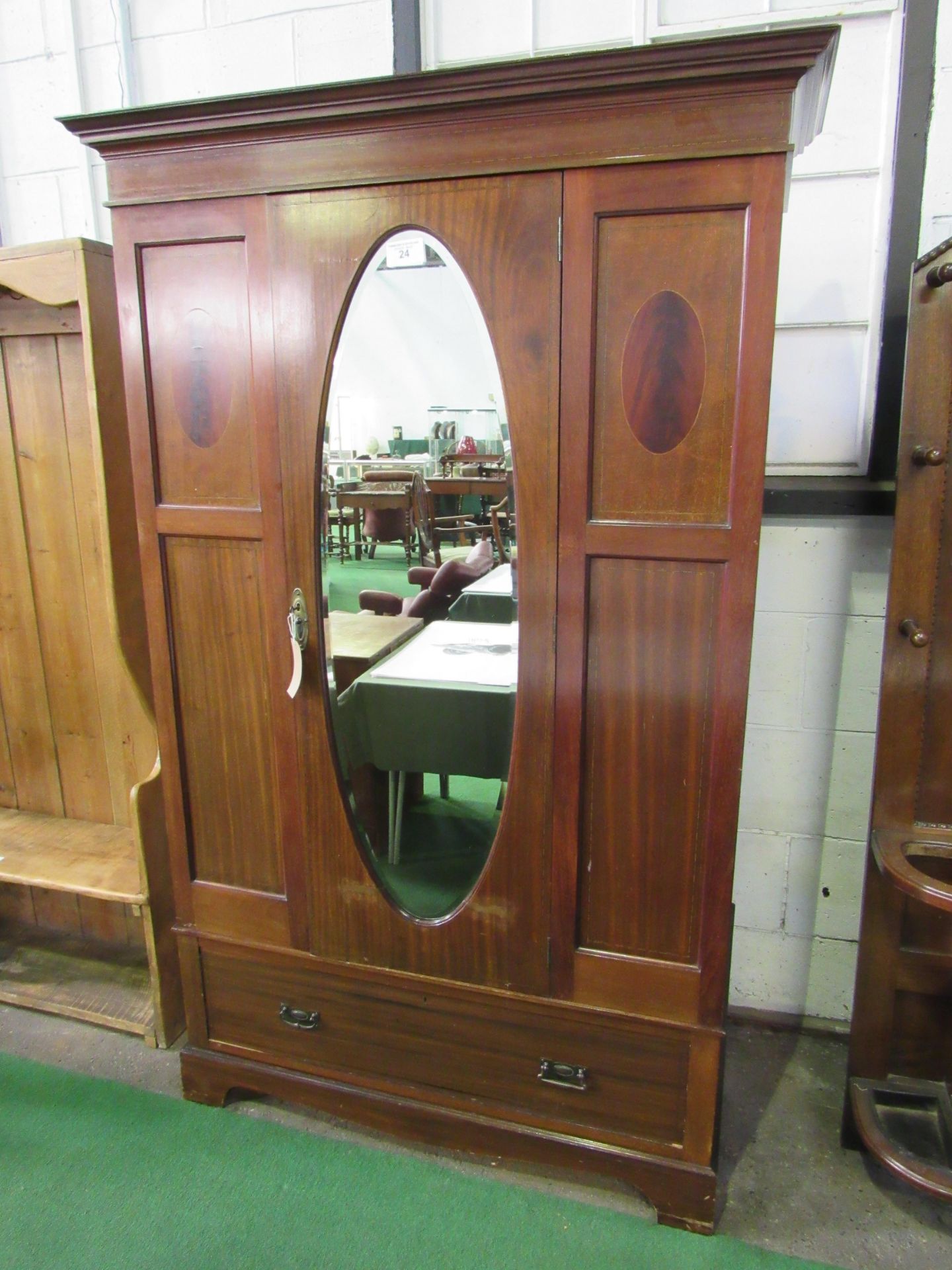 Edwardian mahogany wardrobe with oval door mirror & drawer to base, 116 x 45 x 204cms. Estimate £ - Image 2 of 5