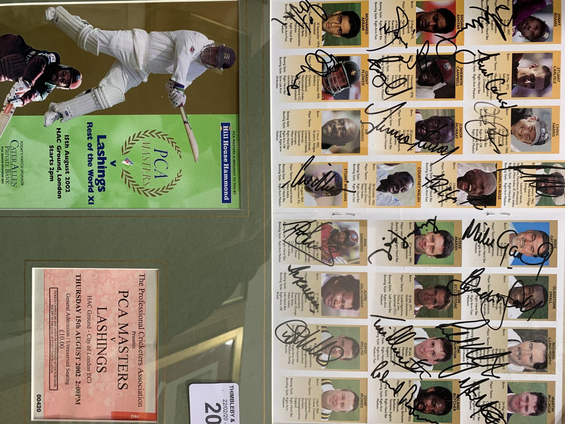 Framed and glazed cricket memorabilia, one fully signed. Estimate £20-40.